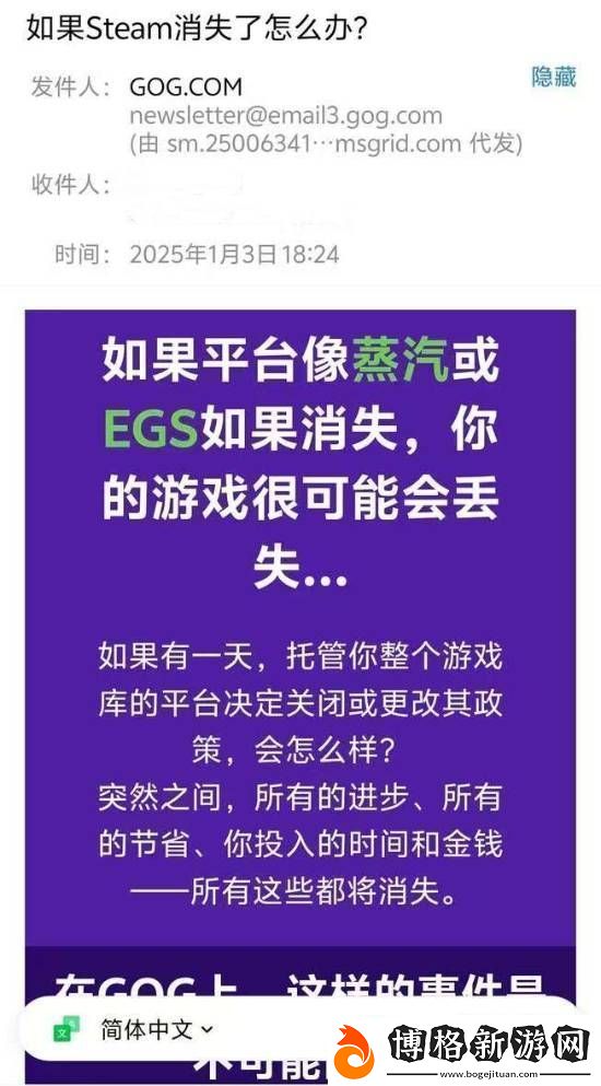 CDPR旗下游戲商店GOG發推廣郵件:如果Steam消失的話怎么辦